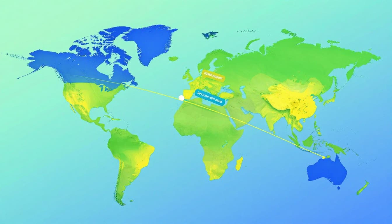 Modern illustration of 2026 payment trends featuring embedded app payments, buy now pay later buttons, AI settlement speed lines, unified API globe, with clean shapes and vibrant blues, greens, yellow accents in a dynamic composition.