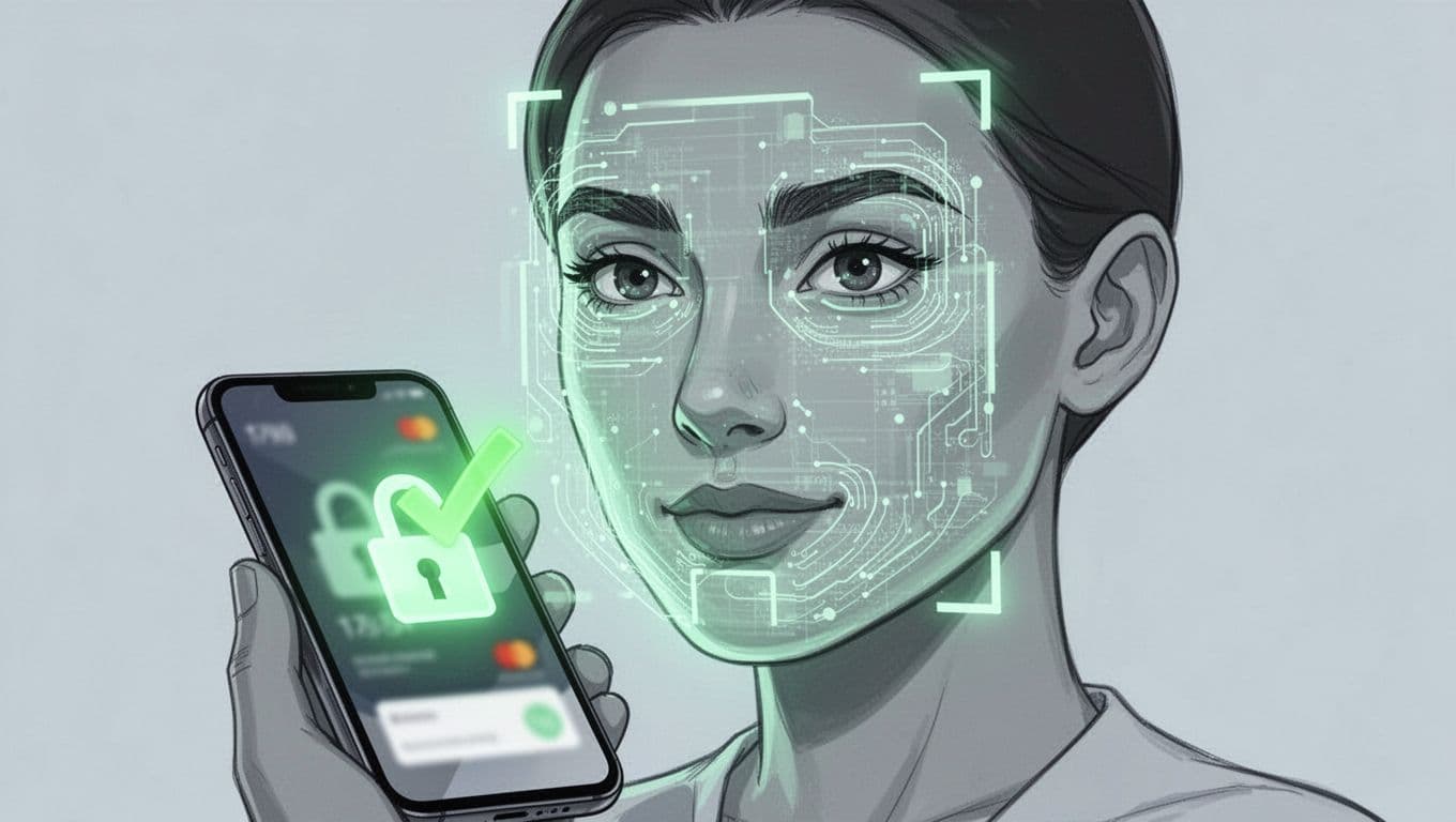 Modern illustration of a person's face illuminated by biometric facial recognition scan on a smartphone during secure payment, featuring subtle green checkmark and padlock on a blurred screen.