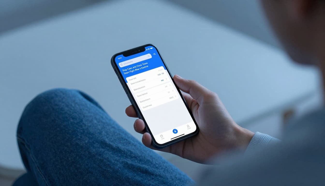 A single person sits relaxed at a home desk holding a smartphone with a banking app open, showing balance and transaction list, in a modern illustration style with cool blue tones.