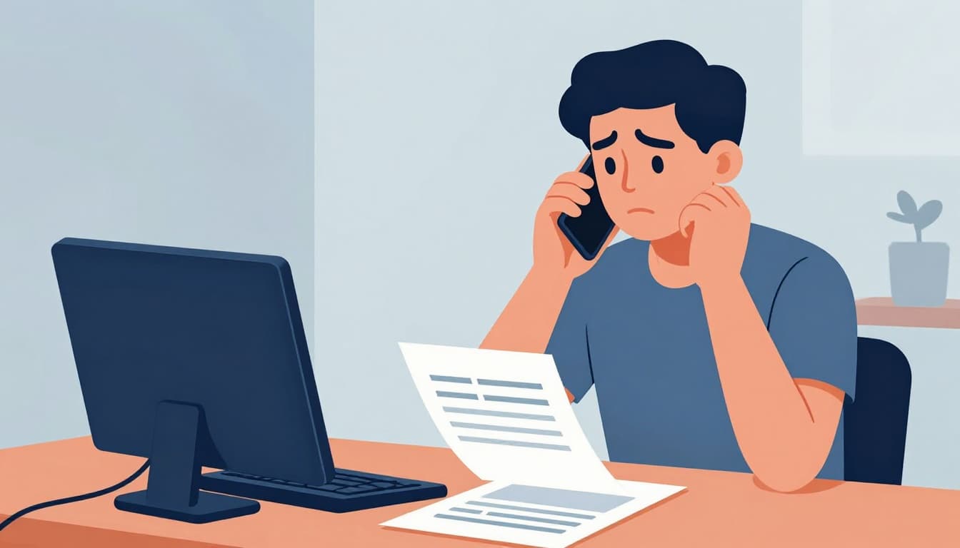 Modern illustration of a concerned person holding a phone to their ear while calling bank support, noting details on paper next to a bank statement in a simple home office with natural daylight.