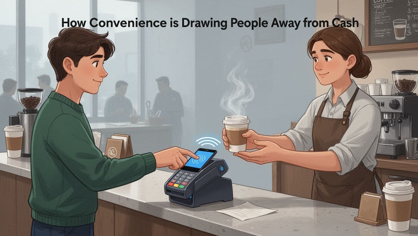 Illustration of a young adult tapping their smartphone on a contactless payment terminal at a busy coffee shop counter, with a barista handing over a steaming coffee cup. Modern style featuring clean shapes, warm neutrals, blues, greens, side-view composition on the tap moment.