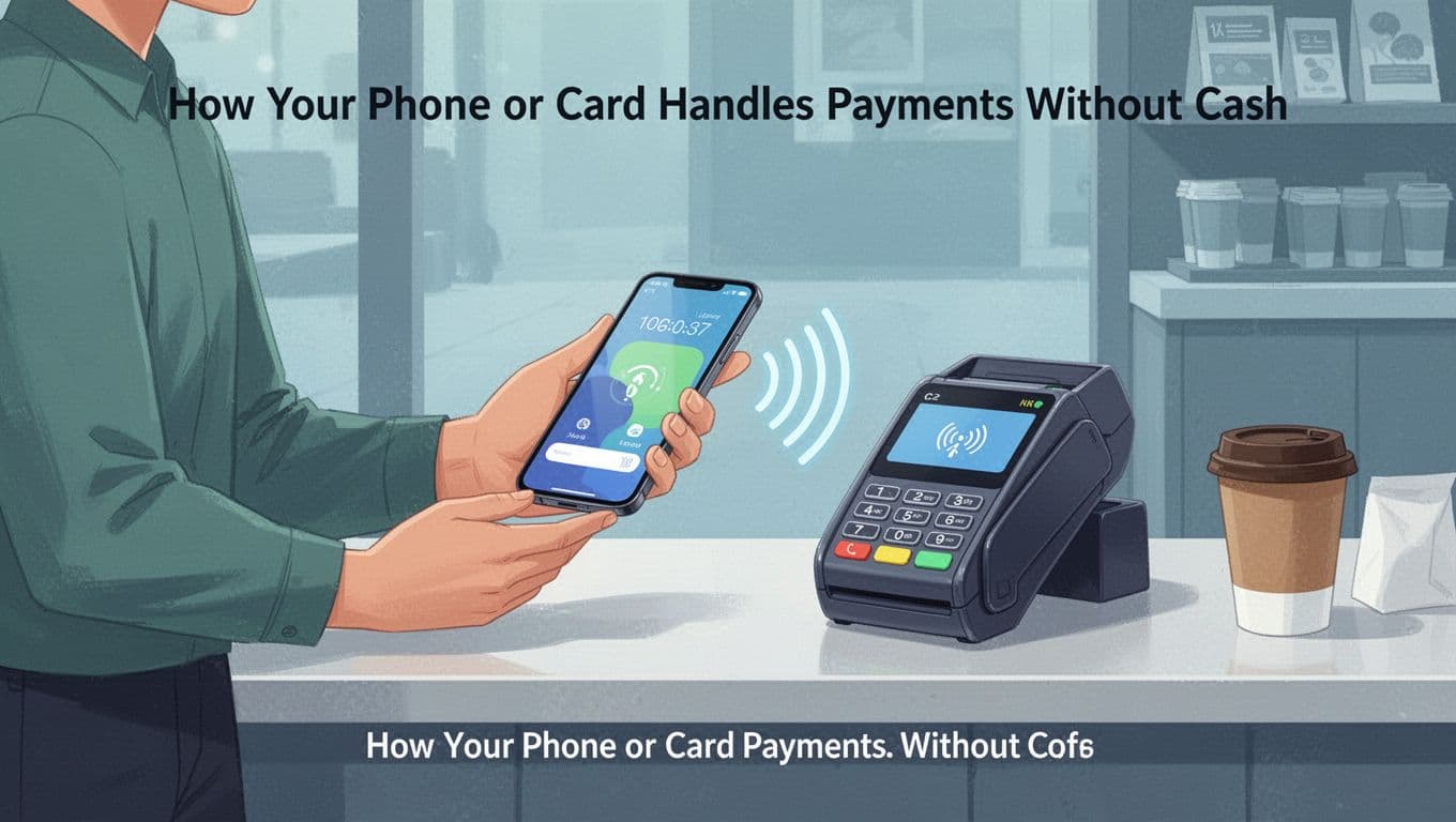 Modern illustration of a single person holding a smartphone near a contactless payment terminal on a store counter, with subtle NFC waves connecting the phone to the terminal. Clean shop counter setting with minimal items like a coffee cup, using a blue and green color palette.
