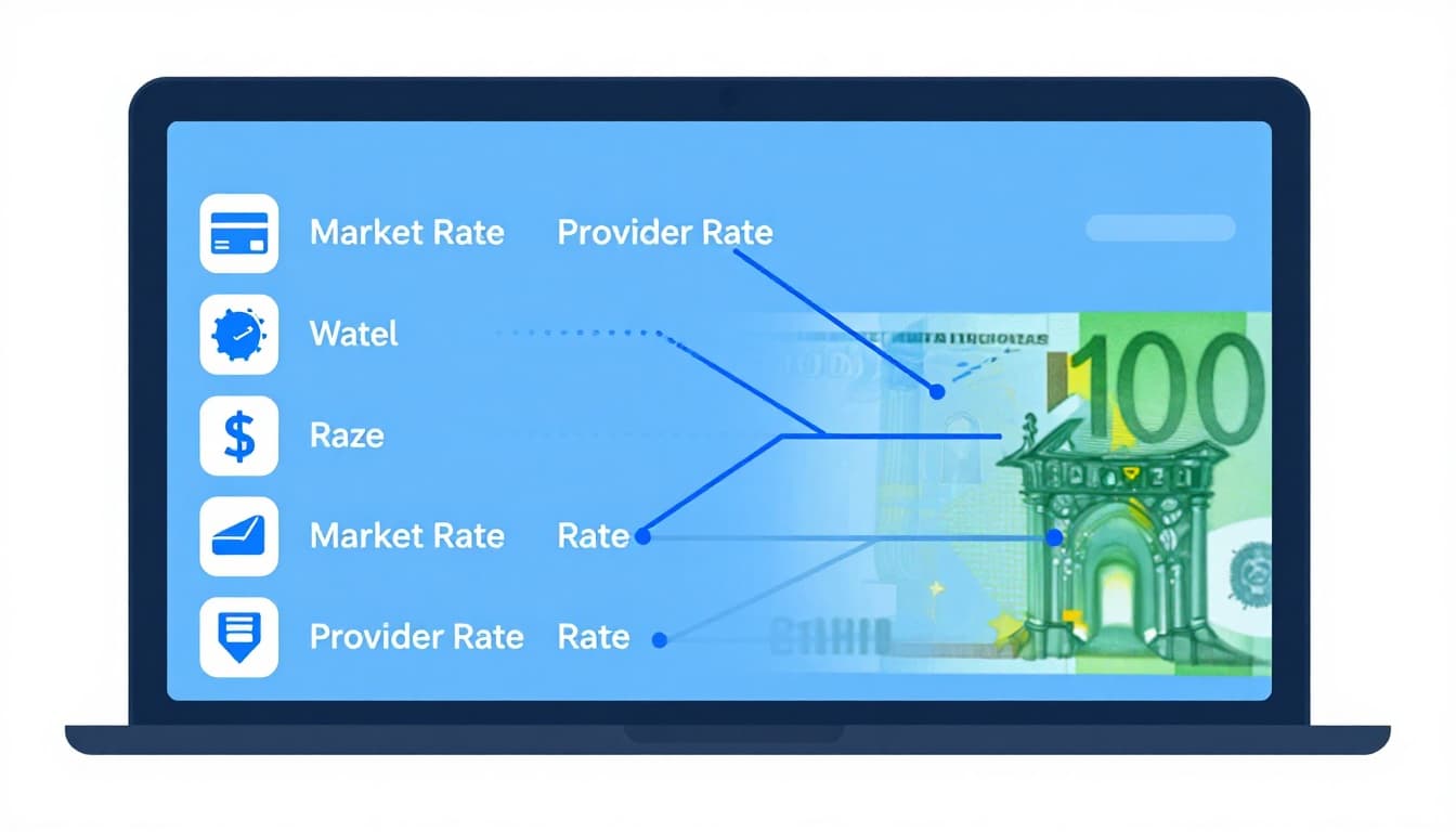 Modern illustration of dollars converting to euros on a digital screen, displaying market rate line and slightly higher provider rate line, with simple icons for credit card, bank transfer, and app.