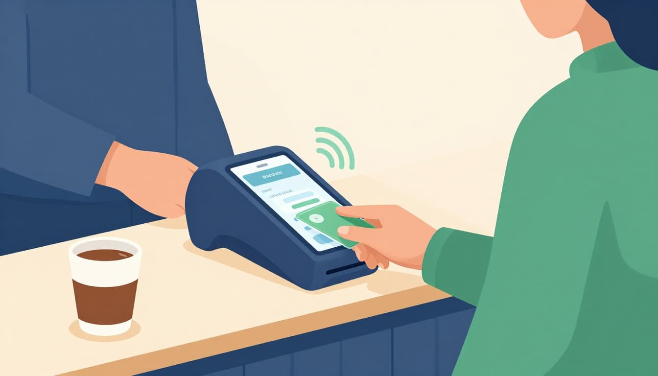 Modern illustration of a customer tapping a contactless card on a POS terminal at a coffee shop counter, emitting NFC waves to a screen showing approval, with clean shapes, two people, warm lighting, and blues-greens palette.