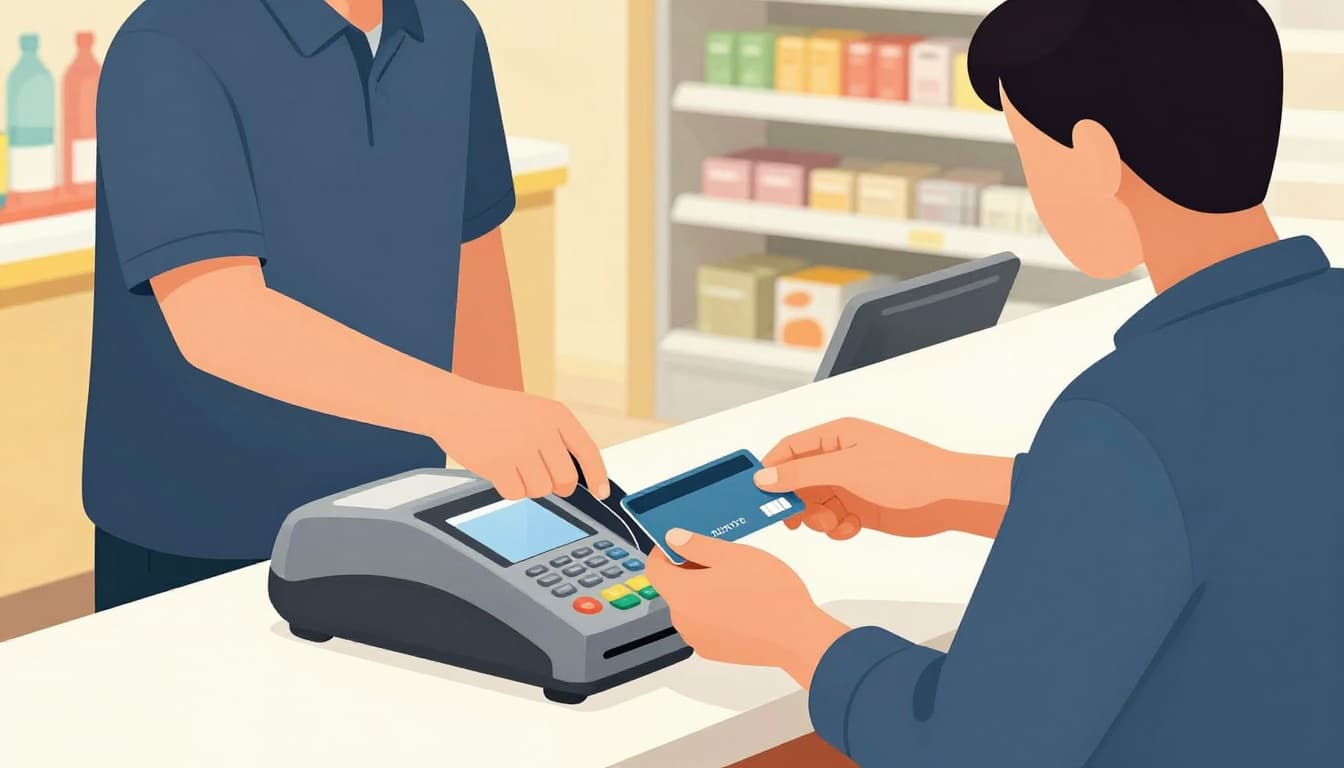 Illustration of a shopper inserting a debit card into a chip reader at a grocery store checkout counter with a cashier scanning items, modern style with clean shapes and bright interior lighting.