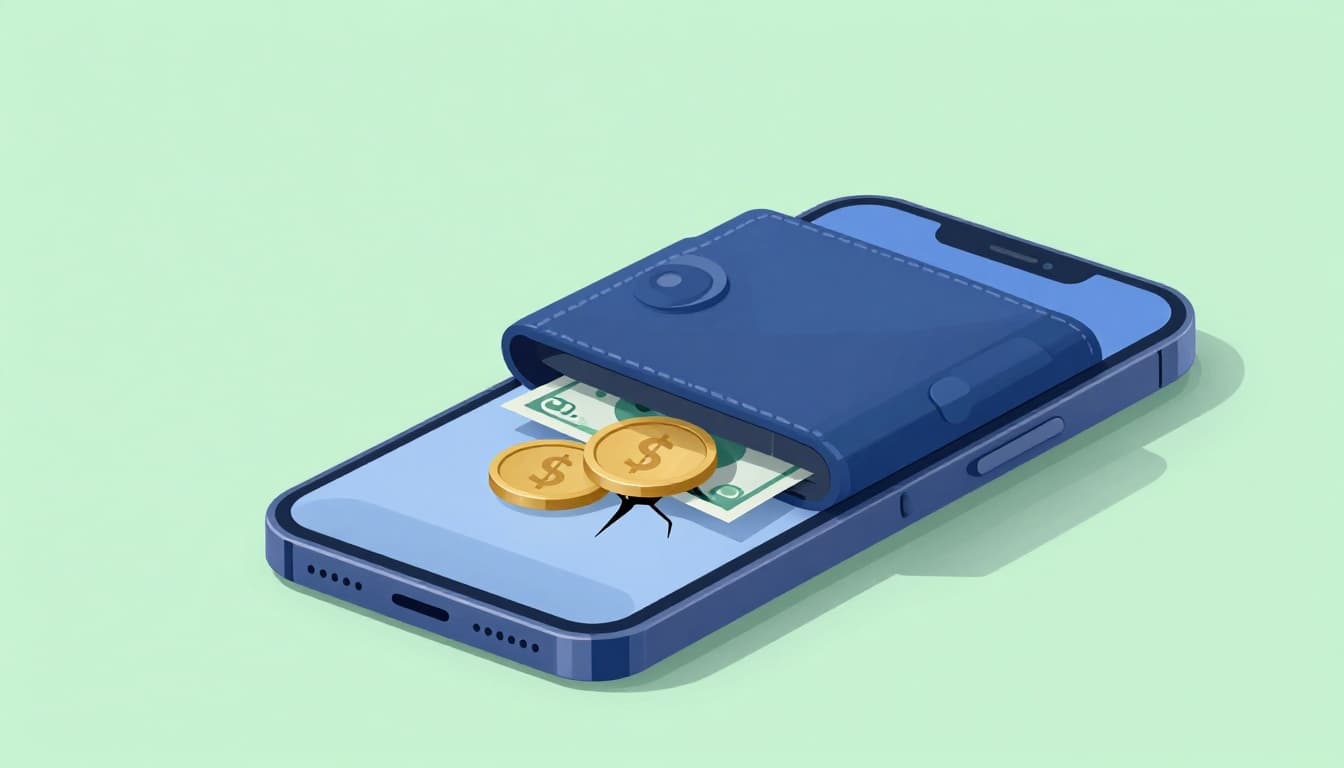 Modern illustration of a digital wallet on a smartphone leaking small coins and bills through cracks, set on a simple desk with soft natural light.