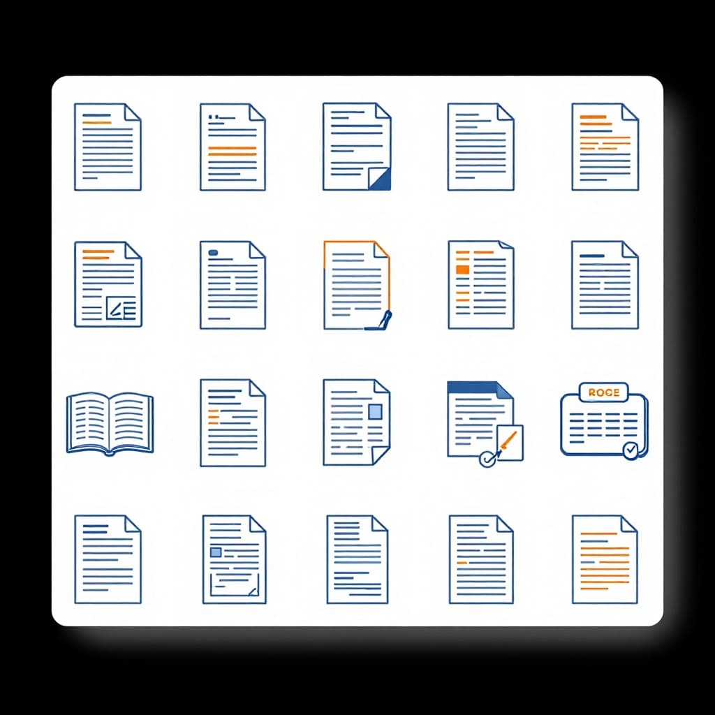 Modern top-down illustration of documents, receipts, photos, and tracking slips arranged on a table, representing evidence for dispute resolution. Clean shapes in a blue-orange palette with soft lighting, no people or text.