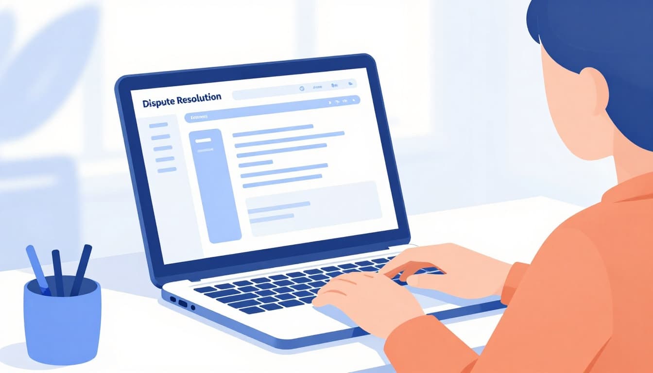 Modern illustration in clean shapes and blue-orange palette showing a laptop screen with dispute resolution dashboard, hand on desk in simple office, focused on screen glow with natural lighting.