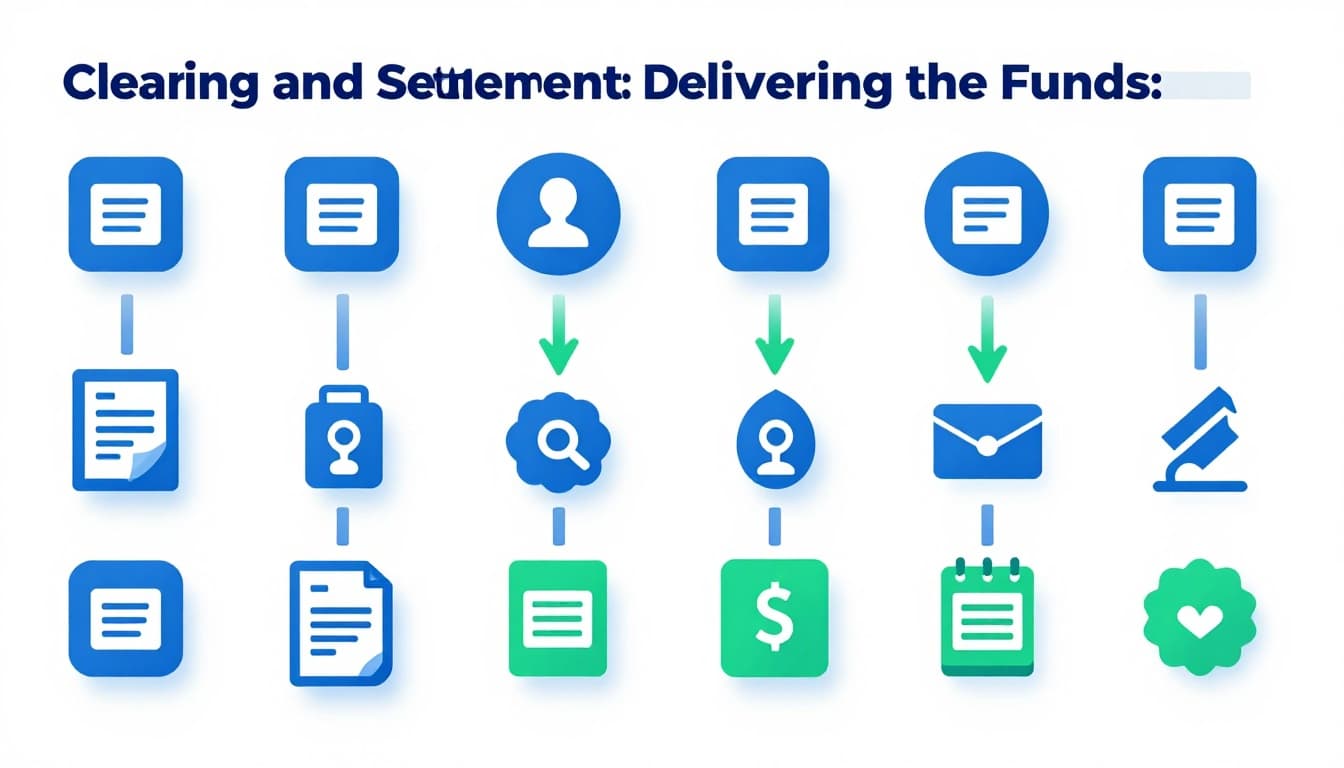 Modern illustration depicting the clearing and settlement process with a batch of transactions from merchants to banks, instantly transferring funds via FedNow rails to the merchant account, featuring icons for batching, checks, dollar flow, and same-day calendar in a timeline composition.