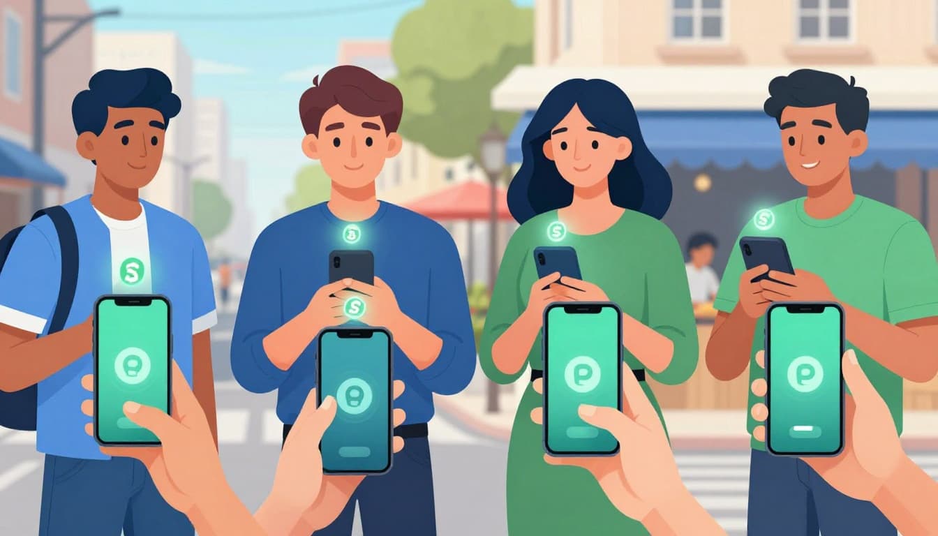Diverse group of four people in casual worldwide settings hold smartphones with subtle payment glow effects and floating money icons, depicting everyday global use of peer-to-peer payment apps in a modern illustration style.