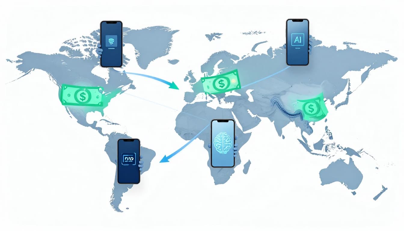 Modern illustration of five smartphones connected across a world map outline with arrows showing international money flows and a subtle AI brain icon overseeing the system in blues and greens.