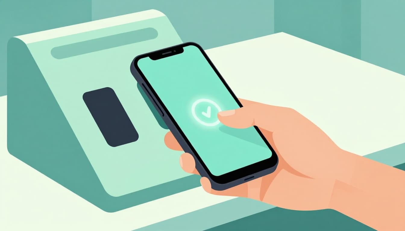 A hand holds a smartphone tapping a contactless payment terminal on a store counter, emitting a subtle glow for a secure transaction vibe. Modern illustration with clean shapes in soft blues and greens.