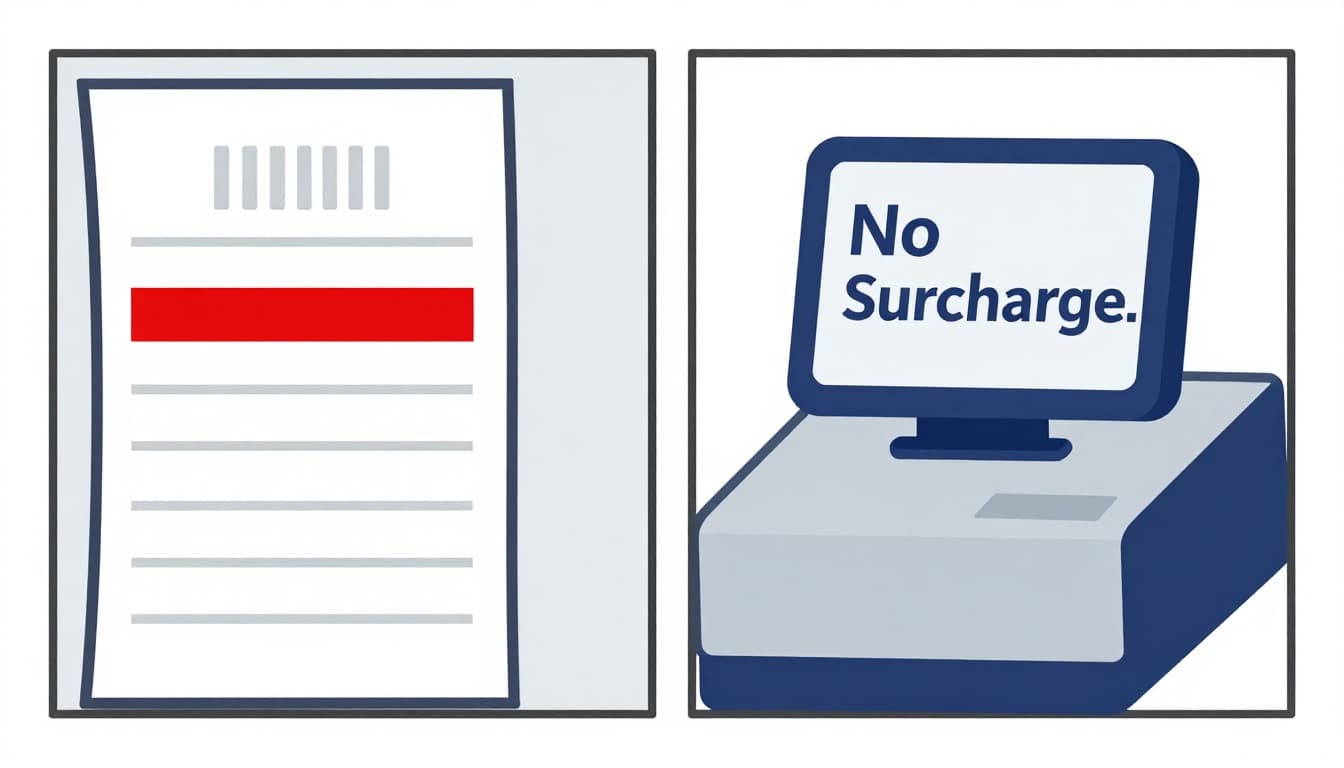Modern illustration of a store receipt featuring a small highlighted surcharge line, positioned next to a no-surcharge cash register sign, using clean shapes, blue-gray palette with red accent, split-view composition, no text or people.