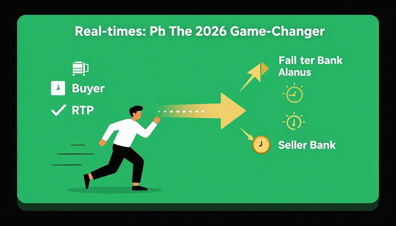 Modern illustration of funds arrow moving instantly from buyer bank to seller bank via RTP network, clock showing under 10 seconds, success indicators in vibrant green and gold.