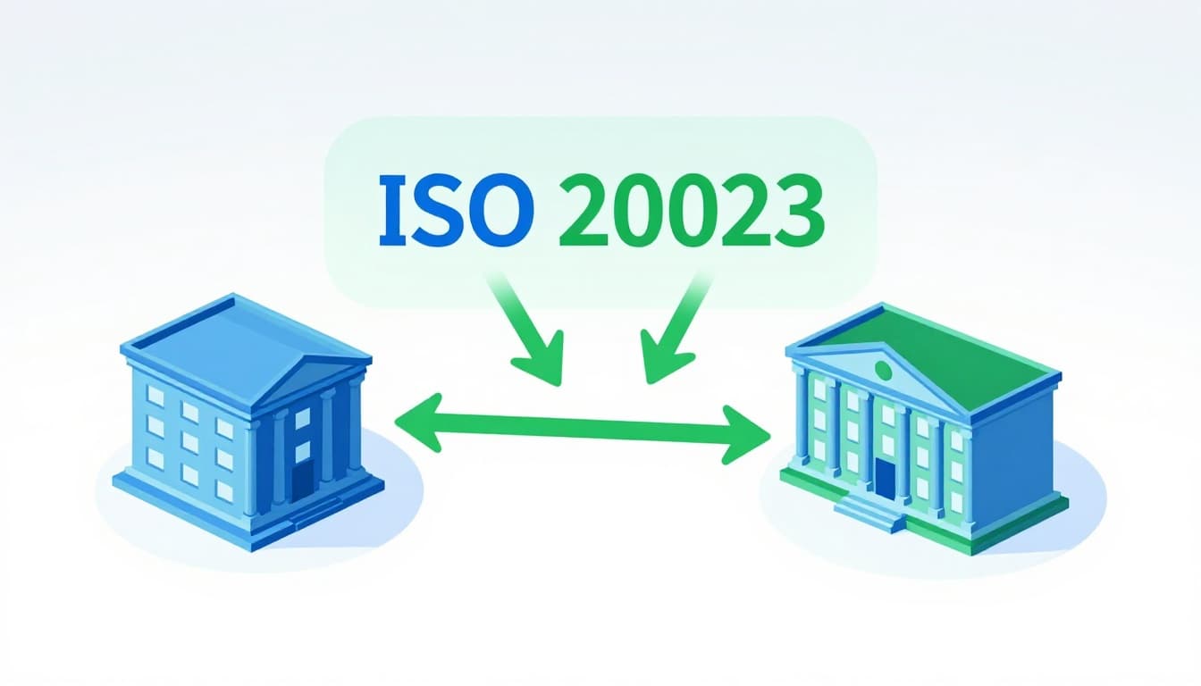 Modern illustration of structured data packets representing ISO 20022 payment messages flowing between two bank icons over a network, with arrows indicating direction in a blue-green palette on subtle gray-white gradient.