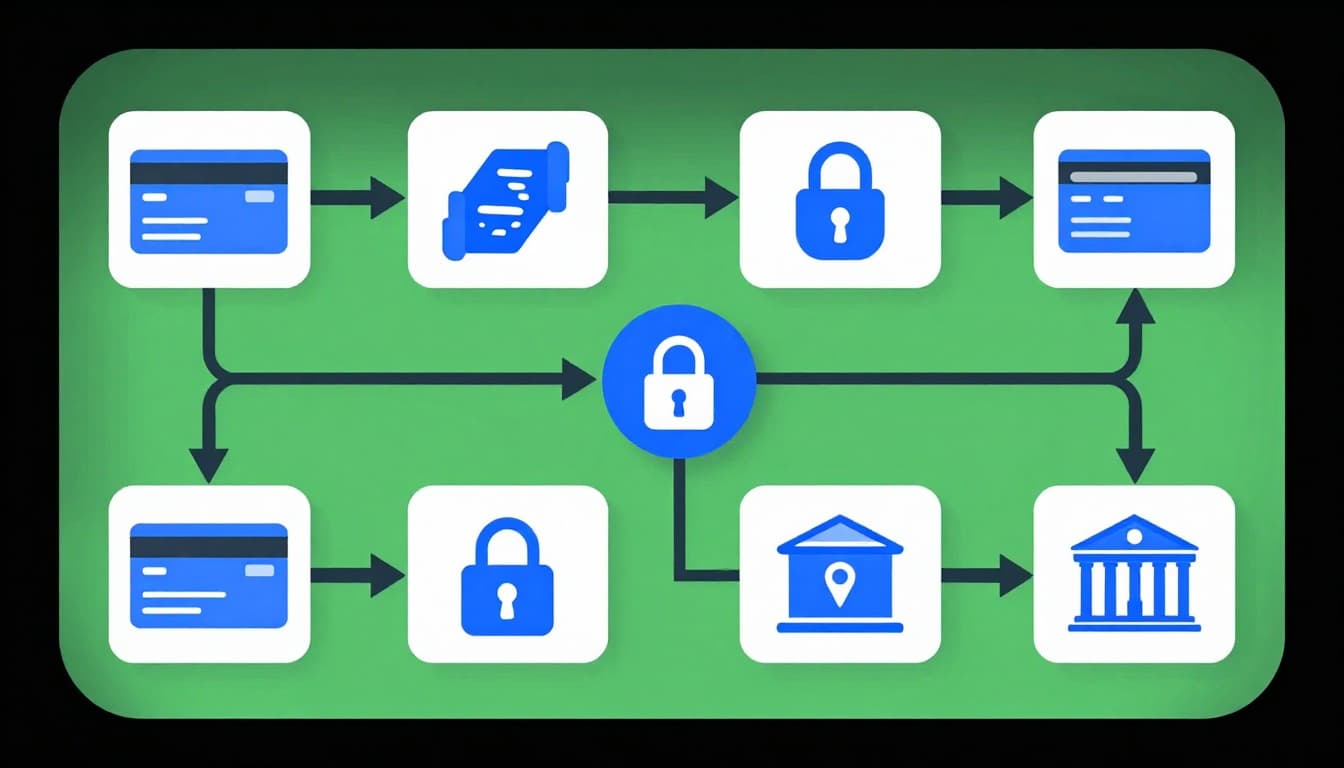 Modern illustration of a simple 8-step flowchart depicting the online payment process from entering card details to bank approval and confirmation, featuring clean shapes, blue and green colors, arrows, and simple icons like card, lock, and bank building.