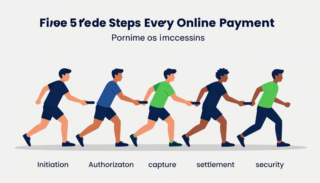 Modern illustration of the five key steps in online payment processing—initiation, authorization, capture, settlement, and security—depicted as a simple relay race with runners passing a baton. Clean shapes in a controlled blue and green palette on a neutral background with strong horizontal composition.