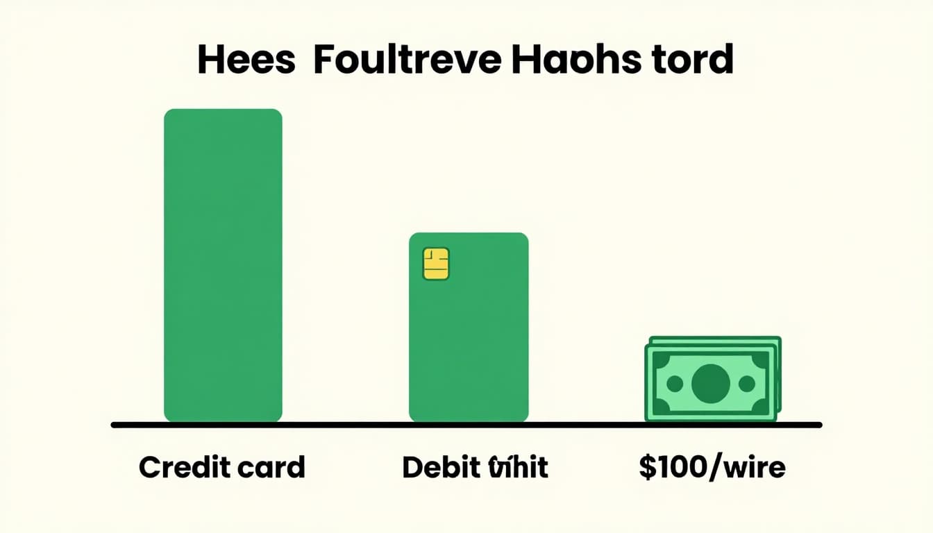 Modern illustration comparing relative fees for credit card (tall bar), debit (medium bar), and cash/wire alternative (short bar) on a $100 base, with simple icons, clean lines, neutral palette, and green accents.
