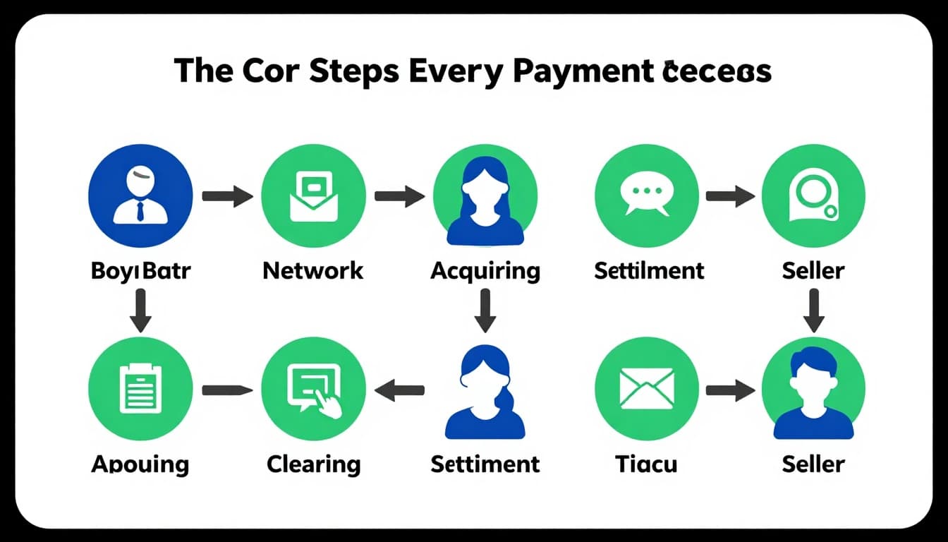 Horizontal flowchart illustrating the payment process from buyer account to seller via authorization, clearing, settlement, and payout stages as connected icons. Modern illustration with clean shapes in blue and green palette, landscape orientation, no text, people, or extra elements.