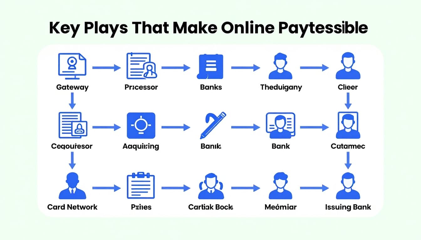 Modern illustration of payment processing key players as a relay race team, showing baton handoffs from gateway to processor, acquiring bank, card network, and issuing bank using clean icons and a blue-green palette.