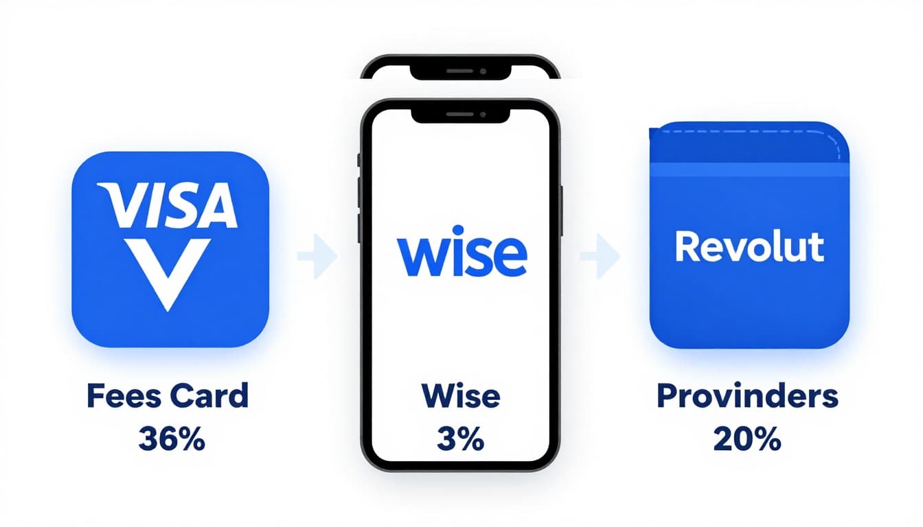 Modern illustration comparing fees from Visa card, bank building, Wise app, and Revolut wallet with percentage badges arranged side by side on a table. Clean shapes in blues and oranges on a light background.