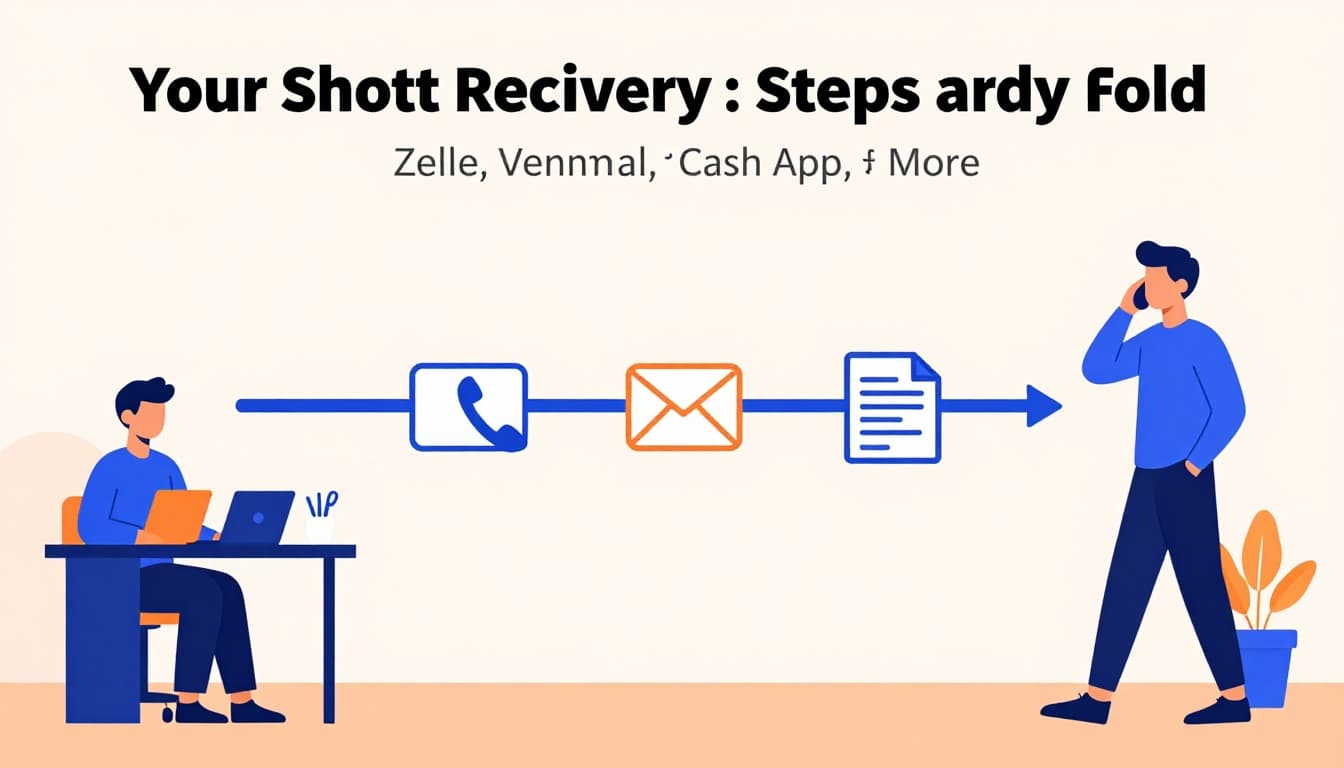 Modern illustration of sequential steps icons: phone call, email, documents on a desk, leading to recovery, with clean shapes, blue-orange palette, strong composition in a bright office setting, no text, no people.