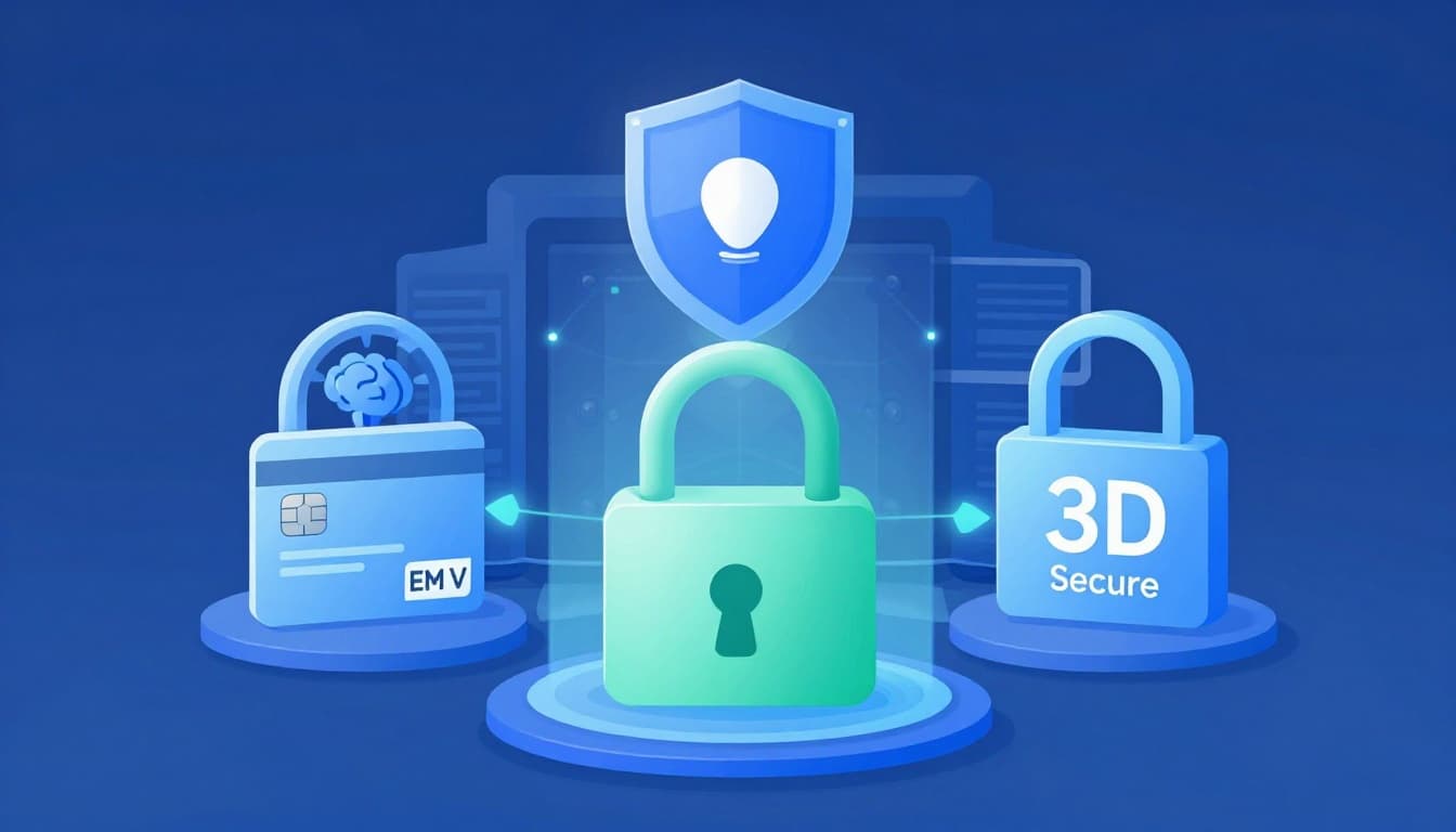 Modern illustration of security layers in payments: EMV chip on card, token shield, 3D Secure lock, AI brain scanning data. Floating elements connected on secure vault background with glowing protections, soft blue lighting, clean shapes, blues and greens palette.