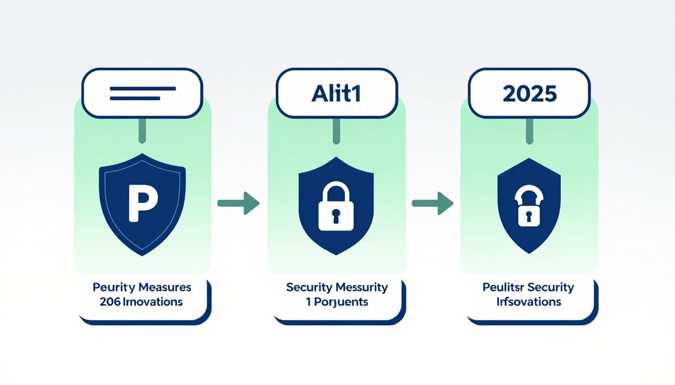 Clean modern illustration of three stacked security layers in payments: encrypted shield, AI alert icon, and bank vault lock, using blue-green palette with subtle gray-to-white gradient background.