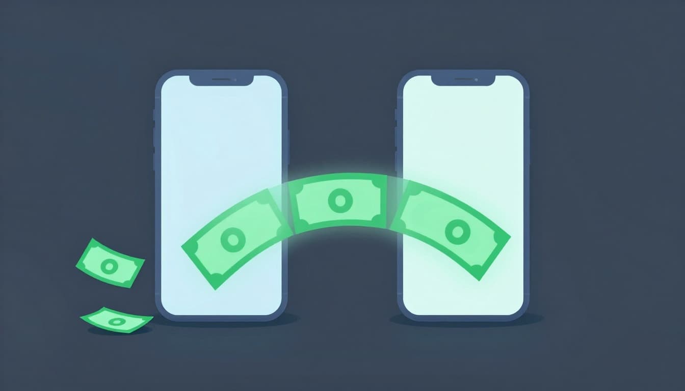 Two smartphones facing each other on a flat surface, with a glowing green money packet transferring from the left phone to the right along a curved path, in a modern illustration style.