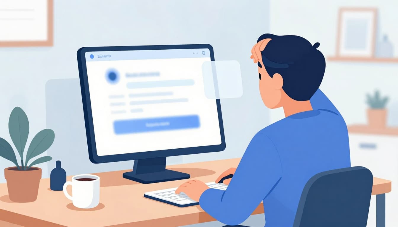 Illustration of a surprised person in a modern home office, hand on forehead, staring at a blurred smartphone payment notification, with coffee mug and notebook nearby.