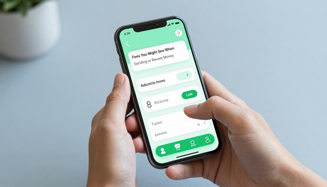 Modern illustration of a single person holding a smartphone with both hands, sending money to a friend through a simple angled transaction screen, in clean blue-green palette on a home background.