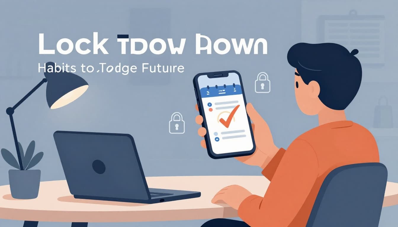 Modern illustration of a relaxed person at a desk in a soft evening-lit home setting, configuring phone alerts and two-factor authentication (2FA), with secure lock icons and a daily calendar check mark.