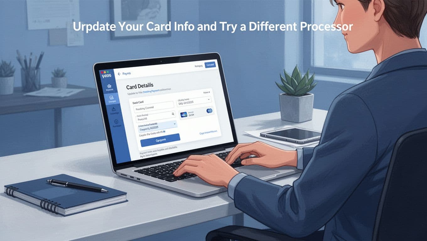 A single person sits relaxed at a modern home desk, hands on keyboard entering card details into a generic online payment form on an open laptop. Side-angle composition in a clean office setting, rendered in modern illustration style with cool blue tones and clean shapes.
