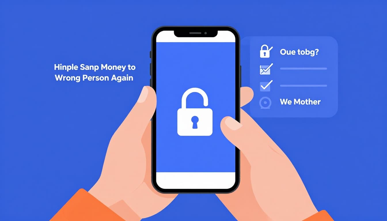 Modern illustration of double-checking a phone screen before sending money, featuring a floating checklist, secure lock icons, in blues and oranges, home setting, no people or text.