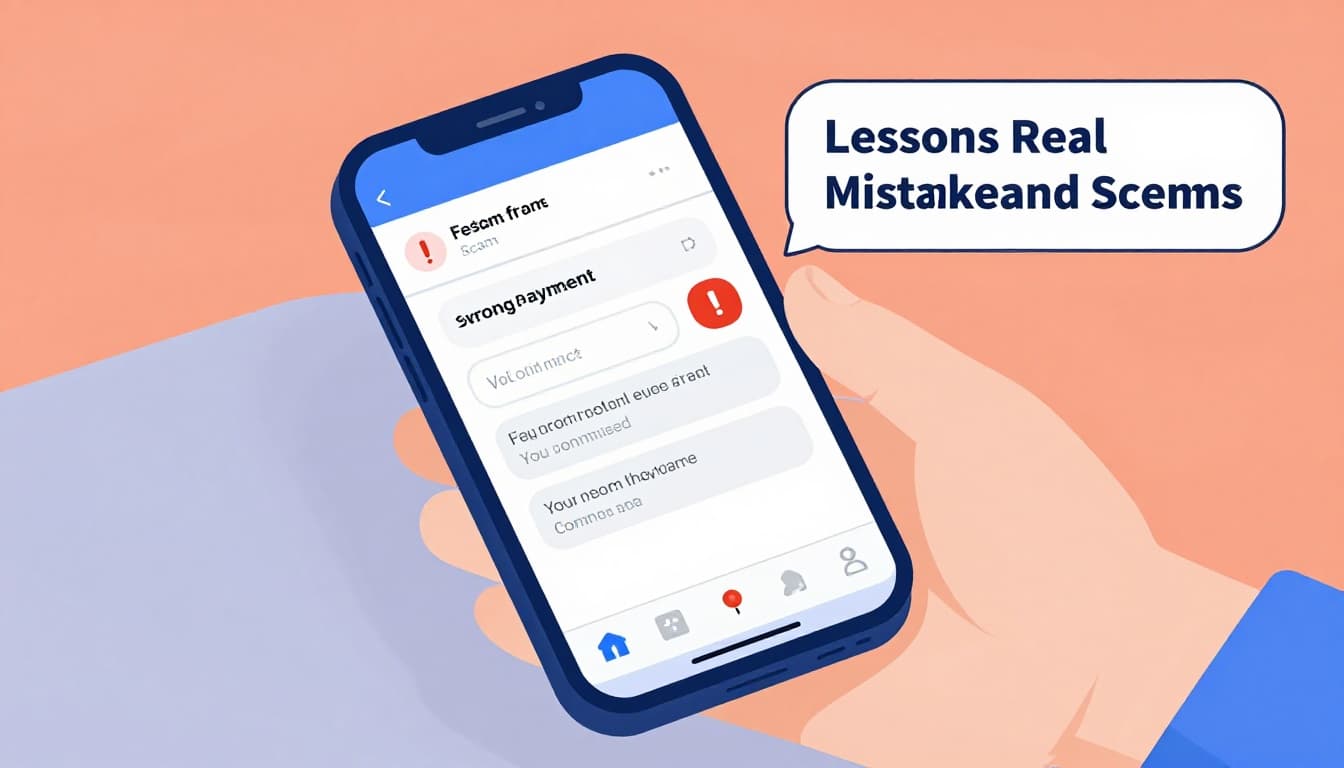 Modern illustration of a scam alert featuring a fake text message on a phone about a wrong payment, surrounded by red warning icons, using clean shapes in a blue-orange palette on a desk setting.