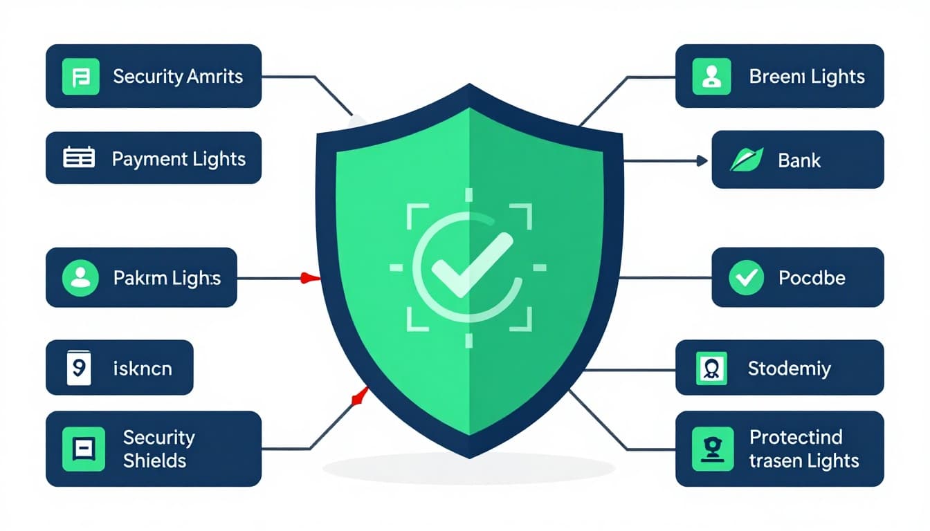 Modern illustration of a strong digital shield safeguarding payment data flow from red threats, while biometric scan and bank approval green light pass through safely.