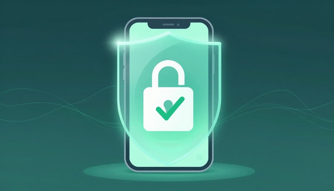 A smartphone protected by a large glowing shield with lock icon, checkmark, and money safely inside, surrounded by subtle digital waves in a modern blues-and-greens illustration.
