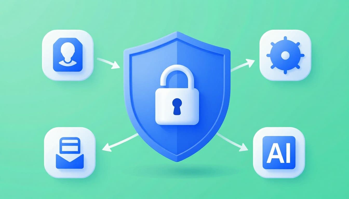 Illustration of a secure payment shield guarding data flow from buyer to seller, featuring icons for encryption lock, token mask, biometric scan, and AI shield in a modern blue-green palette with flow arrows.