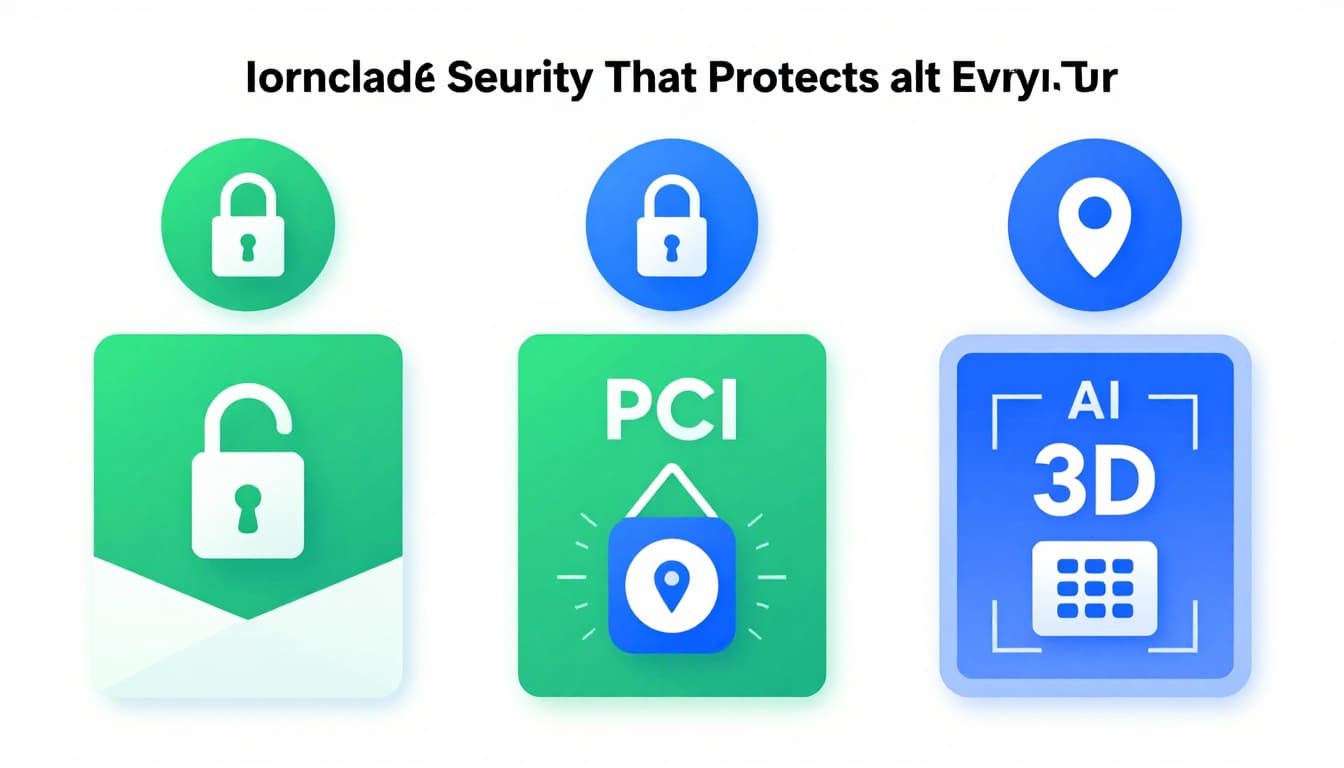 Modern illustration of security shields protecting a payment flow with tokenization lock, PCI badge, 3D Secure code, and AI scan in clean green and blue tones on a subtle data stream background.