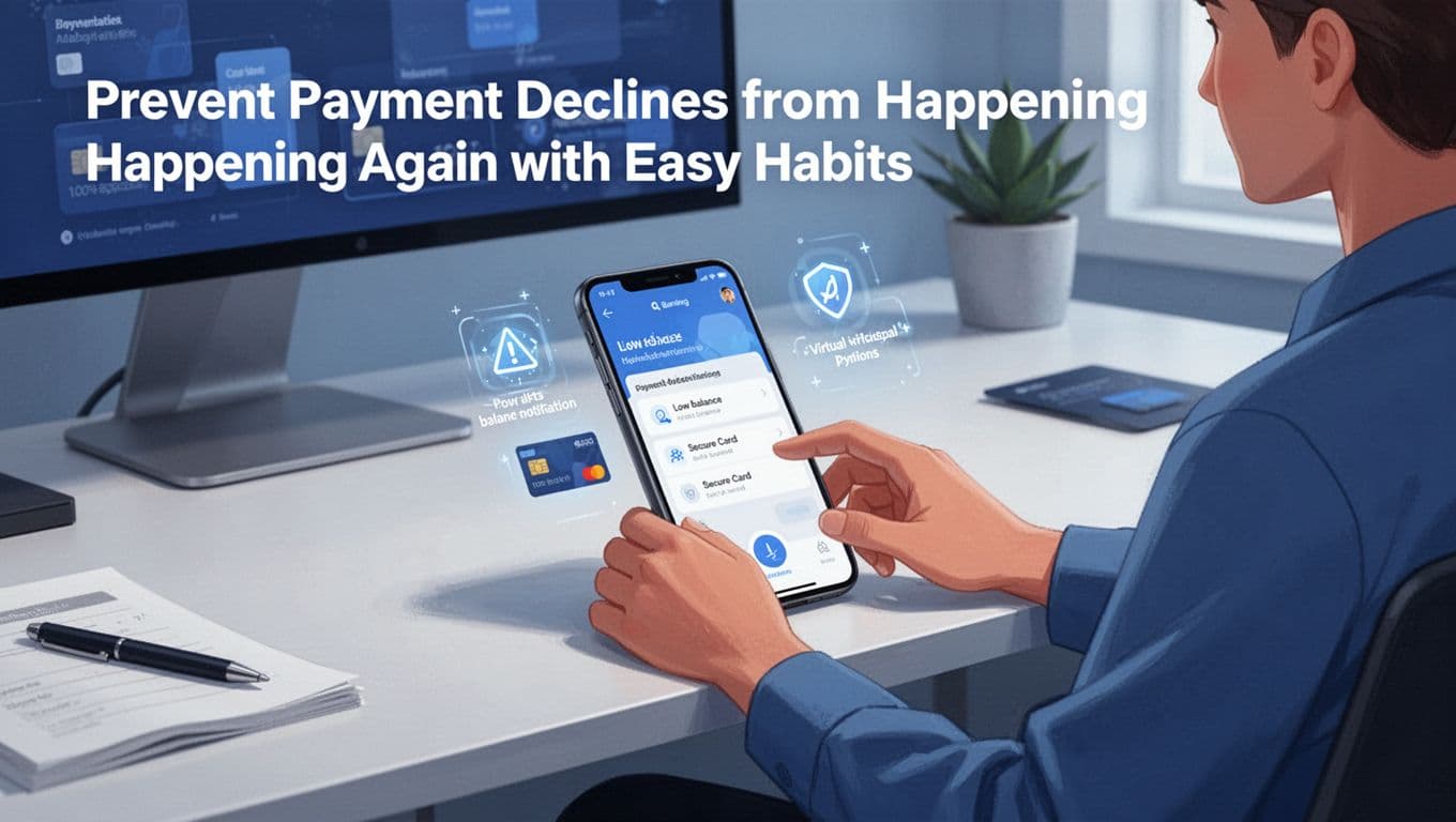 One person sits at a modern home desk configuring bank notification alerts and virtual card options on a smartphone banking app, with subtle icons for low balance warnings and secure cards, in a clean home office.