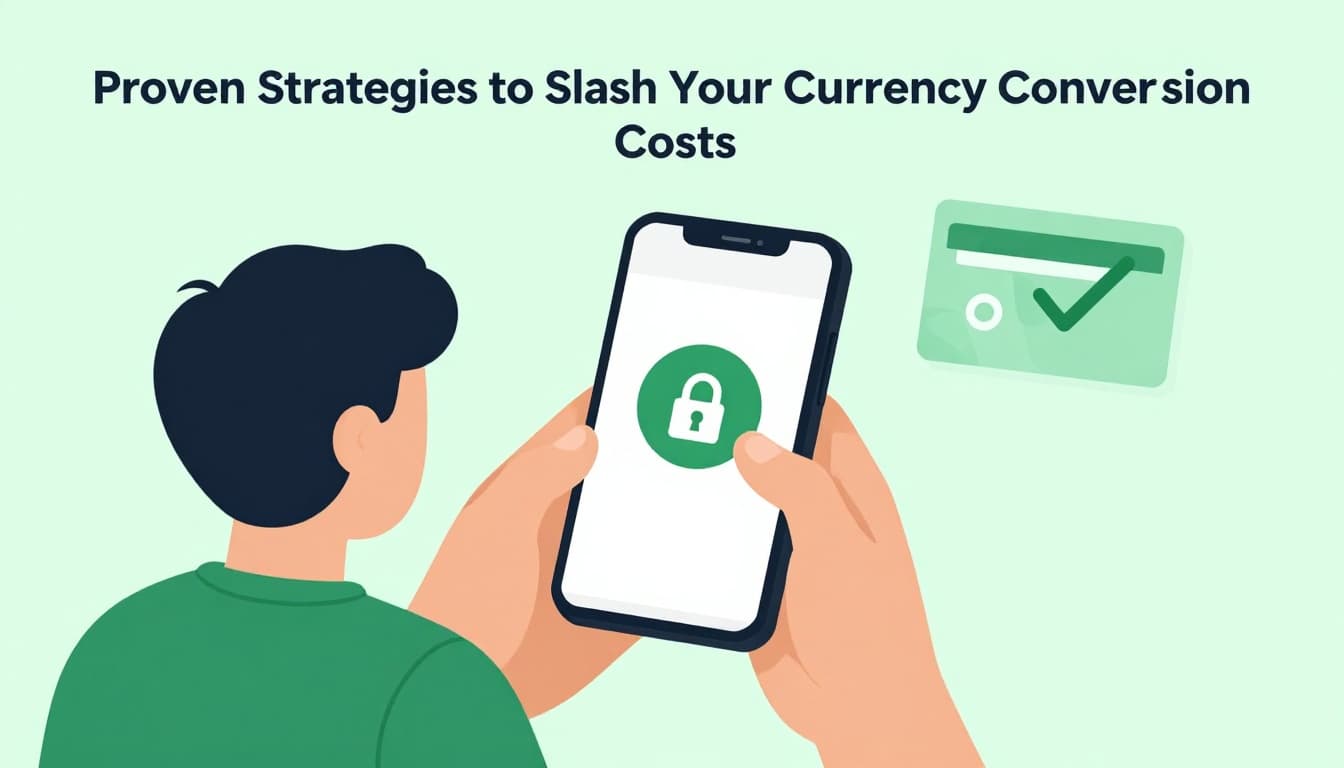 Modern illustration of a silhouette person holding a phone with Wise app features like rate alerts, rate locking, multi-currency pockets, and avoiding cards, in a clean green success style.