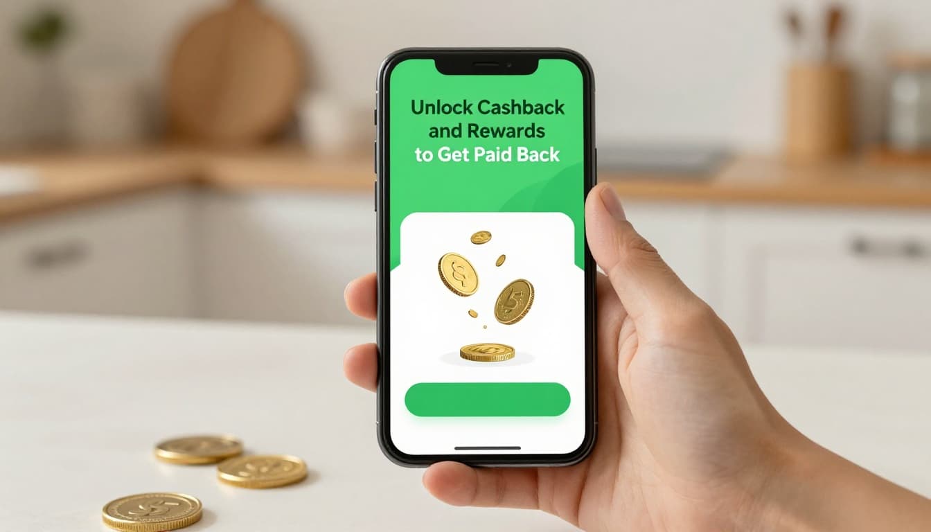 Modern illustration of a smartphone screen showing cashback notification with two coins flowing back into a nearby wallet.
