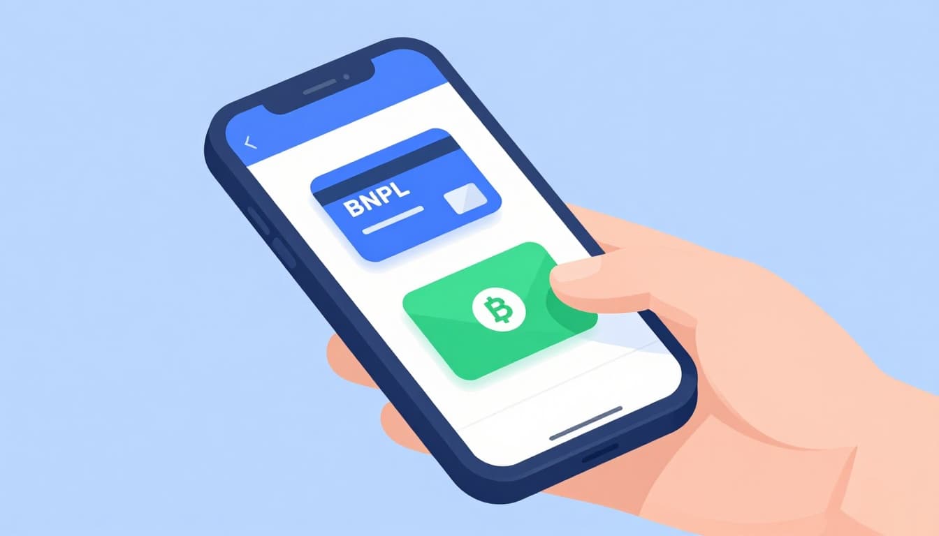 Modern illustration of a smartphone screen displaying e-commerce checkout with icons for credit card, digital wallet, BNPL, and bank transfer payment options. A relaxed hand taps the digital wallet icon in a clean, horizontal composition using blue and green colors on a neutral background.