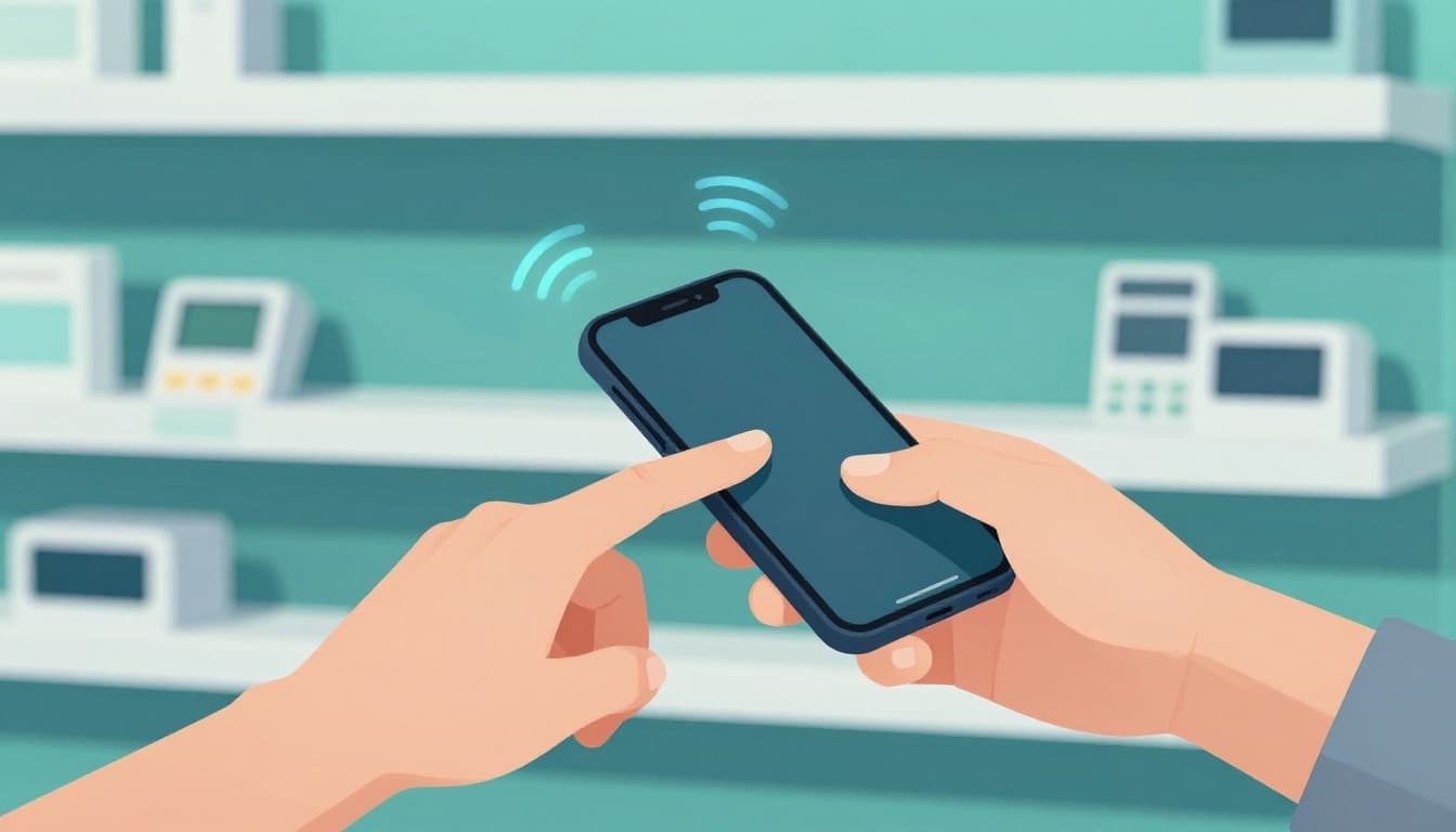 A person taps a smartphone on a payment terminal at a grocery checkout counter, with subtle NFC signals as faint blue waves connecting the devices, in a modern illustration style with clean shapes and a cool blue-green palette.