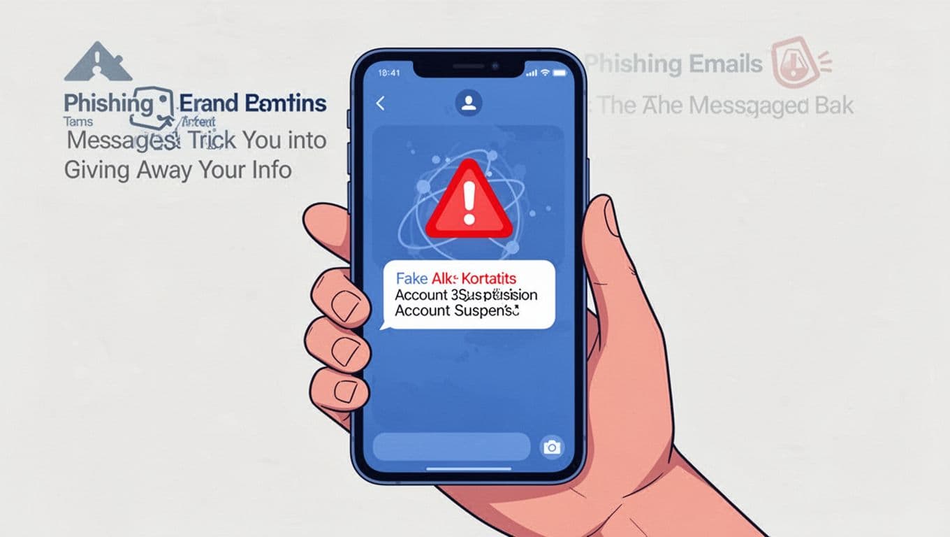 Modern illustration of a hand holding a smartphone displaying a fake urgent bank text message about account suspension, clean shapes with controlled blue and red color palette for alert tones on neutral background, strong close-up composition centering the phone screen and relaxed hand grip, exactly one hand visible, no other people or limbs, screen shows abstract alert icon without readable text, no logos, no watermarks, no extra objects.