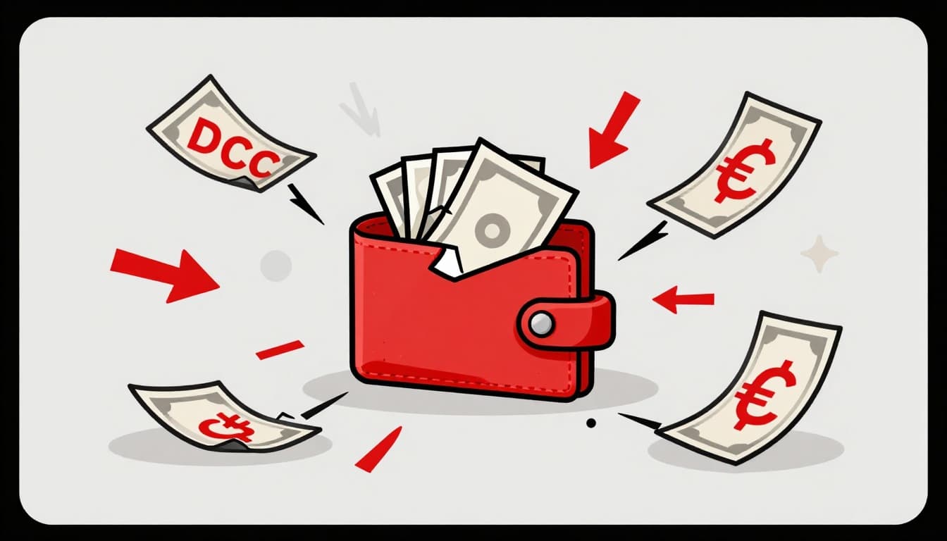 Modern illustration of a wallet with money leaking through cracks shaped like DCC signs, volatility waves, intermediary chains, and flying currency symbols, using a warning red and gray palette on a light background.