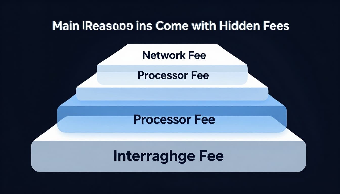 Modern illustration of stacked transparent layers representing transaction fees: bottom interchange fee block, middle processor fee, top network fee, on a simple receipt background with clean shapes in blue and gray tones.