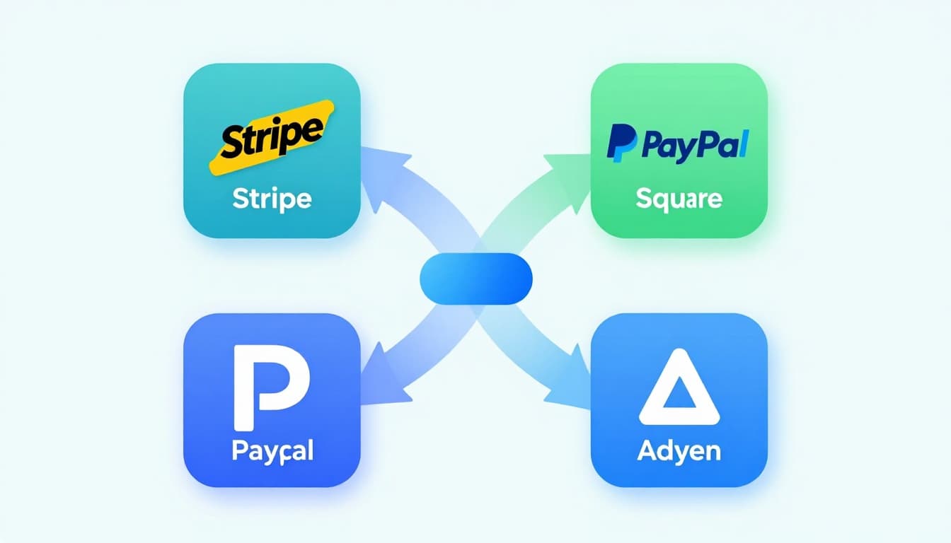 Modern isometric illustration on a dashboard comparing Stripe, PayPal, Square, and Adyen with subtle flow arrows showing unique processes in blues and greens.