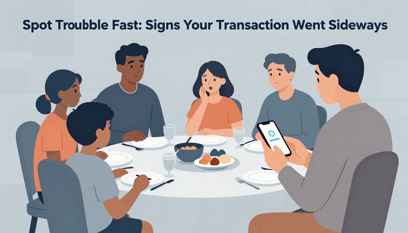 Modern illustration of a surprised person at a cozy family dinner table checking a phone bank app and seeing an unexpected charge alert. Clean shapes, warm lighting, soft blue-gray tones, limited palette of blues, oranges, and neutrals.