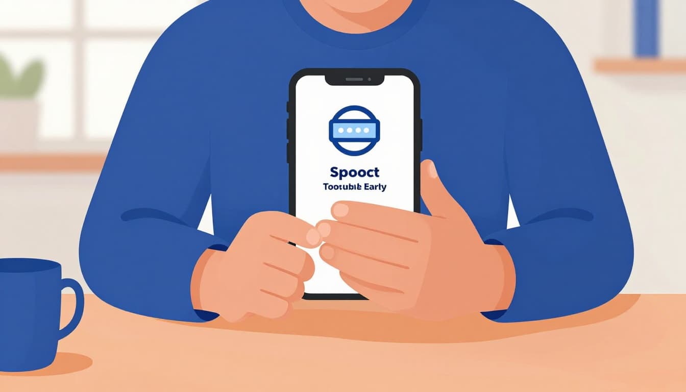 Modern illustration of a surprised person at a desk reacting to a smartphone notification for an unauthorized payment charge, using clean shapes and a blue-orange color palette with natural window lighting.